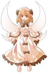  1girl blonde_hair chestnut_mouth dairi dress drill_hair hat long_sleeves luna_child open_mouth red_eyes short_hair simple_background sleeves_past_wrists solo touhou white_background wings 