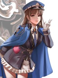  1girl absurdres belt black_belt black_dress blue_cape blue_hat blue_necktie brown_eyes brown_hair cape commentary diesel_(nikke) dress gloves goddess_of_victory:_nikke hat highres long_hair looking_at_viewer military_uniform necktie notgustiarp solo white_gloves 