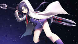  1girl black_dress black_hair black_socks breasts buttons chaos;child d-sword debris double-breasted dress hair_between_eyes hekiho_academy hekiho_academy_uniform holding holding_sword holding_weapon kunosato_mio lab_coat long_hair looking_at_viewer medium_breasts necktie ponytail red_necktie school_uniform sidelocks socks solo sword sword_on_back taba_neruko thighs translucent_hair violet_eyes weapon weapon_on_back 