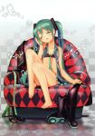  1girl :d ^_^ absurdres argyle armchair barefoot boots bra cellphone chair checkered checkered_background checkered_floor closed_eyes clothes_removed feet feet_on_chair green_hair happy hatsune_miku head_tilt highres legs long_hair long_neck loose_necktie musical_note nail_polish necktie neko_sakana open_clothes open_mouth open_shirt phone scan shoes_removed sitting smile solo talking_on_phone toenail_polish toes twintails underwear unzipped vocaloid zipper 
