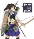  1girl absurdres archery arrow bow_(weapon) brown_eyes brown_hair highres japanese_clothes kaga_(kantai_collection) kantai_collection kineshin123 muneate personification side_ponytail skirt thighhighs weapon 