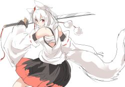  1girl animal_ear_fluff animal_ears black_skirt black_undershirt chest_sarashi closed_mouth commentary detached_sleeves double-parted_bangs floating_clothes from_side hair_between_eyes hat holding holding_sword holding_weapon houkai_(collapse_illust) inubashiri_momiji long_sleeves looking_at_viewer medium_hair posing red_eyes red_hat red_ribbon red_skirt ribbon ribbon-trimmed_sleeves ribbon_trim sarashi shirt simple_background skirt smile solo split_mouth sword tail tokin_hat touhou two-tone_skirt upper_body very_long_tail weapon white_background white_hair white_shirt wide_sleeves wolf_ears wolf_girl wolf_tail 