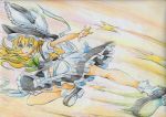  1girl apron blonde_hair bow braid colored_pencil_(medium) dress hat hat_bow highres kicking kirisame_marisa kitazinger long_hair navel open_mouth ribbon solo speed_lines star touhou traditional_media waist_apron witch_hat yellow_eyes 