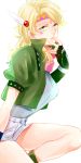  1girl blonde_hair caesar_anthonio_zeppeli facial_mark feathers fingerless_gloves genderswap gloves green_eyes green_jacket headband jacket jojo_no_kimyou_na_bouken noririr shorts solo 