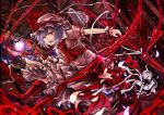  2girls apron ascot bat boots bow chain dress full_moon hat hat_ribbon highres izayoi_sakuya kazabana_fuuka knife maid maid_headdress moon multiple_girls open_mouth pink_dress purple_hair red_eyes remilia_scarlet ribbon short_hair silver_hair smile spear_the_gungnir touhou waist_apron wrist_cuffs 