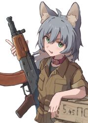  1girl absurdres ahoge aks-74u ammunition_box animal_ear_fluff animal_ears assault_rifle box brown_shirt cocoa_inryo collar commentary_request fang green_eyes grey_hair gun hair_between_eyes hashtag-only_commentary highres holding holding_gun holding_weapon kalashnikov_rifle long_hair looking_at_viewer open_mouth original red_collar rifle shirt simple_background skin_fang smile solo upper_body weapon white_background 