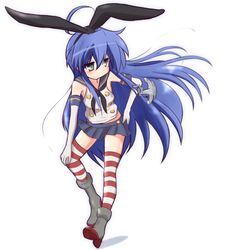  1girl anchor blue_hair cosplay elbow_gloves gloves green_eyes hairband izumi_konata kantai_collection long_hair lucky_star mizushima_(p201112) shimakaze_(kantai_collection) shimakaze_(kantai_collection)_(cosplay) striped striped_legwear thighhighs 