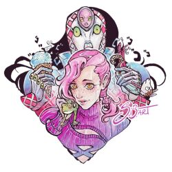  1boy 1other argyle_skin cleavage_cutout clothing_cutout colored_sclera commentary cropped_torso english_commentary epitaph_(jojo) food freckles frog green_sclera holding holding_food holding_frog holding_ice_cream ice_cream ice_cream_cone jojo_no_kimyou_na_bouken king_crimson_(stand) long_bangs looking_at_viewer male_focus medium_hair menacing_(jojo) painting_(medium) pink_hair pink_lips pink_sweater ponytail si3art signature smile stand_(jojo) sweater teeth traditional_media turtleneck turtleneck_sweater vento_aureo vinegar_doppio watercolor_(medium) white_background yellow_eyes 