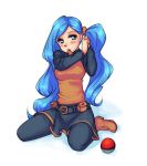  1girl ace_trainer_(pokemon) adjusting_hair belt black_legwear blue_eyes blue_hair blush_stickers boots breasts long_hair monorus mouth_hold pantyhose poke_ball pokemon pokemon_(game) pokemon_bw scrunchie skirt solo 