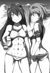  2girls adjusting_clothes adjusting_swimsuit armband blush character_name cloudy_sky kuronyan long_hair looking_at_viewer monochrome multiple_girls navel open_mouth sky standing sunglasses sunglasses_on_head 