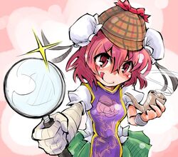  1girl :q bandages blouse deerstalker double_bun flower glint hat ibaraki_kasen looking_at_viewer magnifying_glass pink_hair pipe puffy_short_sleeves puffy_sleeves rose shinapuu short_hair short_sleeves short_twintails skirt smoke solo tabard tongue touhou twintails wrist_cuffs 