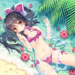  1girl album_cover bandages beach bikini black_hair bow brown_eyes cover flower hair_bow hair_tubes hakurei_reimu leg_ribbon long_hair looking_at_viewer lying navel on_back palm_tree ponytail red_bikini ribbon_choker sakura_neko solo swimsuit touhou tree water 