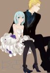  1boy 1girl bare_shoulders black_legwear blonde_hair blue_eyes blue_hair breasts cleavage dress formal genderswap kise_ryouta kuroko_no_basuke kuroko_tetsuya long_hair nisoniso short_hair suit yellow_eyes 