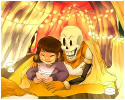  1boy 1other 2016 2d ambiguous_gender blanket brown_hair candle digital_media duo frisk_(undertale) glass gloves hair hand_on_another&#039;s_shoulder hand_on_shoulder hearttheglaceon highres human humanoid light lying male monster monster_boy on_stomach papyrus_(undertale) red_gloves short_hair skeleton striped_clothes tablet teeth undead undertale upper_body utdr_(toby_fox) 