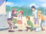  1girl 4boys arms_up backpack bag bandaid blonde_hair blue_eyes blue_hair blue_sky blush brother_and_sister brown_eyes brown_hair bruise capri_pants child closed_eyes clouds crying free! frown hair_between_eyes hazuki_nagisa holding injury jacket kneeling leaning leaning_forward mary_janes matsuoka_gou matsuoka_rin multiple_boys nanase_haruka_(free!) one_knee open_mouth pants ponytail redhead rough shirt shoes short_hair short_sleeves siblings skirt sky sweat t-shirt tachibana_makoto tears teeth young zukki_(suzukio) 