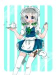  1girl blue_eyes hair_ribbon highres holster izayoi_sakuya knife kyapinetzu maid_apron maid_headdress ribbon silver_hair solo tea_set thigh-highs thigh_holster touhou white_legwear 