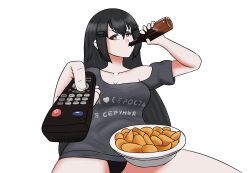  absurdres alcohol beer black_hair black_panties catahuct chips_(food) controller dandelion_(girls'_frontline) food girls_frontline grey_shirt hair_ornament highres looking_at_viewer man_watching_tv_(meme) meme panties potato_chips raised_eyebrows remote_control russian_text shirt underwear white_background 
