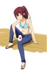  1girl barefoot bikini_top drawfag fan flip-flops free! highres jeans long_hair matsuoka_gou midriff navel ponytail red_eyes redhead sandals small_breasts solo striped wink 