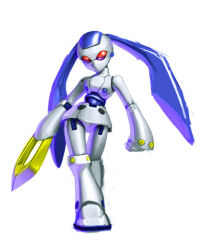  1girl arm_blade armor cosplay drossel_von_flugel fireball_(series) humanoid_robot joints kanix mechanical_hair medarot no_mouth red_eyes robot robot_girl robot_joints rokusho_(medarot) rokusho_(medarot)_(cosplay) simple_background solo twintails weapon white_armor white_background 