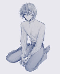  1boy closed_mouth commentary_request crossed_bangs expressionless full_body hair_between_eyes highres long_sleeves male_focus monochrome own_hands_together pants poka_(user_kypt4454) saibou_shinkyoku shirt short_hair simple_background sitting solo utsugi_noriyuki wariza 