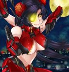  1girl black_hair breasts bun_cover cityscape crimson_typhoon dos_(artist) double_bun extra_arms eyepatch fighting_stance full_moon glowing glowing_eye large_breasts long_hair mecha_musume mechanical_arms midriff moon navel pacific_rim personification robot_joints smile solo underboob yellow_eyes yellow_moon 