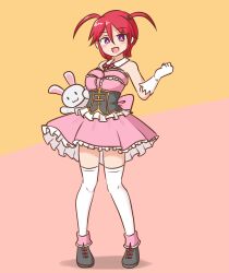  1girl black_corset black_shoes blind chest_bow chimu_(redfalcon23) commission commissioner_upload corset dress frilled_dress frills fukuzawa_ayu_(redfalcon23) full_body gloves highres idol_clothes mizusoba open_mouth original pink_dress pink_eyes rabbit red_hair shoes short_hair simple_background skeb_commission smile solo thigh-highs twintails white_gloves 