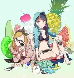  (stag) 2girls barefoot bikini black_hair blonde_hair blue_eyes drink earrings food fruit hairband highres hoodie jewelry kiwifruit long_hair lying multiple_girls navel on_stomach original pineapple smartphone smile swimsuit 