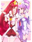  2girls blush closed_eyes cure_ace cure_sword dokidoki!_precure heart highres holding_hands kenzaki_makoto kiraki long_hair madoka_aguri multiple_girls polka_dot polka_dot_background ponytail precure purple_hair redhead smile violet_eyes 