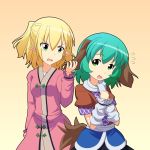  2girls animal_ears arm_warmers blonde_hair cato_(monocatienus) cosplay costume_switch dress ear_grab flying flying_sweatdrops gradient gradient_background green_eyes green_hair hands_on_own_chest kasodani_kyouko mizuhashi_parsee multiple_girls open_mouth pink_dress pointy_ears scarf shirt skirt tail touhou wavy_mouth 