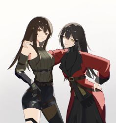 2girls belt black_belt black_gloves black_hair black_shorts brown_eyes brown_hair coat dandelion_(girls'_frontline) dress girls_frontline gloves green_shirt hair_ornament hand_on_another's_shoulder looking_at_viewer m4a1_(girls'_frontline) multiple_girls red_coat shirt shorts takaprince turtleneck turtleneck_dress white_background yellow_eyes 