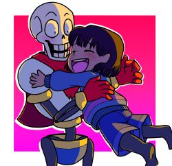  1boy 1other 2016 2d ambiguous_gender blush brown_hair cape cowboy_shot digital_media duo frisk_(undertale) gloves gradient_background hair hearttheglaceon hug human humanoid imminent_hug magenta_background male monster monster_boy open_mouth outside_border papyrus_(undertale) red_cape red_gloves short_hair simple_background skeleton striped_clothes surprise_hug surprised teeth undead undertale utdr_(toby_fox) white_border wide-eyed 