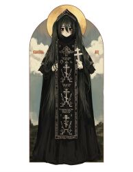  1girl analavos_of_the_great_schema black_robe blush christianity clouds cross expressionless full_body green_eyes green_hair hatsune_miku highres hood inai_the_maid long_hair looking_at_viewer nun orthodox_cross outdoors robe sky solo standing twintails very_long_hair vocaloid 