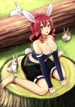  1girl 501092-taka :d animal_ears anklet bare_shoulders barefoot blush breasts bunny_tail choker cleavage detached_sleeves drill_hair feet grass green_eyes jewelry log long_hair looking_at_viewer midriff open_mouth original rabbit rabbit_ears redhead shorts sitting smile solo tail tree_stump wariza 