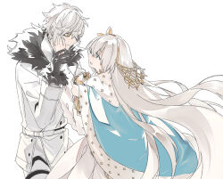  1boy 1girl agata720 anastasia_(fate) black_gloves blue_cloak cloak closed_mouth commentary couple cowboy_shot doll dress eye_contact fate/grand_order fate_(series) from_side fur-trimmed_jacket fur_trim gloves gold_hairband green_eyes grey_hair hair_between_eyes hair_ornament hairband hand_on_another&#039;s_cheek hand_on_another&#039;s_face hand_up hetero jacket kadoc_zemlupus leaf_hair_ornament long_hair long_sleeves looking_at_another open_mouth pants profile short_hair simple_background smile standing symbol-only_commentary viy_(fate) white_background white_dress white_jacket white_pants yellow_eyes 
