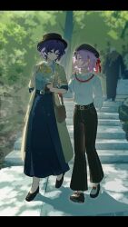  2girls alternate_costume alternate_eye_color alternate_hair_length alternate_hairstyle aqua_eyes black_hat black_pants black_shoes blue_hair blue_shirt blue_skirt bow bowtie breasts brown_coat buttons chinese_commentary closed_eyes closed_mouth coat collared_shirt commentary_request cross cross_necklace cup footwear_bow full_body genderswap genderswap_(mtf) glasses hand_on_another&#039;s_arm hat hat_ribbon hatsutori_hajime highres holding holding_cup jewelry light_particles long_skirt long_sleeves multiple_girls necklace open_clothes open_coat open_mouth outdoors pants pink_hair raining_ji red_bow red_ribbon ribbon round_eyewear saibou_shinkyoku shirt shoes short_hair short_sleeves skirt small_breasts smile sweater utsugi_noriyuki variant_set walking white_sweater yellow_bow yellow_bowtie 