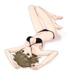  1girl bikini breasts brown_hair cleavage couzone green_eyes highres legs lying navel on_back original shadow short_hair solo swimsuit white_background 