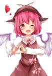  1girl animal_ears bird_wings brown_dress dress hat heart heart-shaped_pupils heart_hands highres juliet_sleeves long_sleeves looking_at_viewer mystia_lorelei open_mouth pink_eyes pink_hair puffy_sleeves shirt simple_background smile solo symbol-shaped_pupils touhou udongein white_background wink 