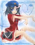  1girl bare_legs blue_eyes blue_hair child_drawing chinese_clothes fang gradient gradient_background hat heart looking_at_viewer marker_(medium) miyako_yoshika ofuda open_mouth outstretched_arms rano short_hair sitting skirt solo star stitches touhou traditional_media watercolor_(medium) zombie_pose 