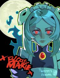  1girl apron artist_name bloody_marie_(skullgirls) character_name commentary english_commentary full_moon highres long_hair maid maid_headdress moon red_eyes skullgirls solo twintails wermer 