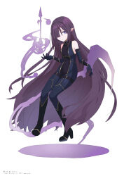  1girl absurdres aged_down bare_shoulders black_gloves bodysuit breasts closed_mouth elbow_gloves eta_(kage_no_jitsuryokusha_ni_naritakute!) fcck5543 gloves gold_trim hair_over_one_eye highres kage_no_jitsuryokusha_ni_naritakute! long_hair looking_at_viewer one_eye_covered pointy_ears purple_hair simple_background small_breasts solo tagme very_long_hair violet_eyes 