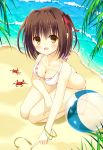  1girl ball barefoot beach bekotarou bikini bracelet breasts brown_hair cleavage crab happy highres jewelry original short_hair short_twintails solo swimsuit twintails water yellow_eyes 