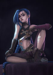  1girl arcane:_league_of_legends arcane_jinx arm_tattoo asymmetrical_gloves black_eyeshadow blue_hair boots braid brown_boots captdiablo cloud_tattoo commentary crop_top detached_sleeves english_commentary eyeshadow flat_chest frown gun highres hip_tattoo holding holding_gun holding_weapon jinx_(league_of_legends) league_of_legends long_hair low_twin_braids makeup midriff navel pants pink_eyes purple_lips purple_pants shoulder_tattoo single_detached_sleeve sitting solo striped_clothes striped_pants tattoo twin_braids vertical-striped_clothes vertical-striped_pants very_long_hair weapon 