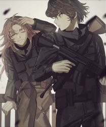  2boys absurdres alternate_costume antenna_hair arm_up black_eyes black_hair black_hat black_pants black_shirt black_vest camouflage chinese_commentary chunaizhanshi23057 closed_mouth commentary_request gun hat hatsutori_hajime highres holding holding_gun holding_weapon load_bearing_vest long_hair long_sleeves male_focus military_uniform multiple_boys on_railing one_eye_closed pants parted_bangs pink_hair railing saibou_shinkyoku shirt smile soldier utsugi_noriyuki vest weapon 