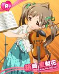  1girl :d ahoge brown_eyes brown_hair character_name hakozaki_serika heart idolmaster idolmaster_million_live! instrument official_art open_mouth smile twintails violin 