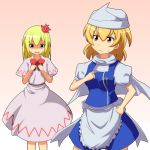  2girls aki_minoriko aki_shizuha alternate_costume apron blonde_hair bow breast_conscious capelet cato_(monocatienus) dress gradient gradient_background hair_ornament hands_on_own_chest hat letty_whiterock letty_whiterock_(cosplay) lily_white lily_white_(cosplay) multiple_girls open_mouth pink_dress red_eyes shaded_face shirt shirt_tug short_sleeves siblings sisters skirt skirt_set sweatdrop touhou triangular_headpiece waist_apron yellow_eyes 