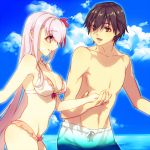  1boy 1girl bb_(fate)_(all) bikini breasts brown_eyes brown_hair cleavage fate/extra fate_(series) hair_ribbon kin_mokusei kishinami_hakuno_(male) long_hair matou_sakura purple_hair ribbon swim_trunks swimsuit type-moon violet_eyes 