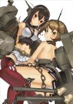  2girls black_hair brown_hair chain green_eyes hair_ornament highres kantai_collection machinery midriff mocha multiple_girls mutsu_(kantai_collection) nagato_(kantai_collection) navel personification red_eyes 