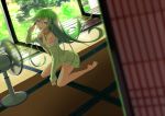 1girl animal_ears bare_shoulders blue_eyes blurry breasts cleavage depth_of_field dutch_angle electric_fan fan green_hair kneeling long_hair looking_at_viewer off_shoulder open_mouth original pajamas solo yoo_(tabi_no_shiori) 