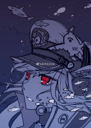  1girl air_bubble bubble fish greyscale hat highres long_hair military_hat monochrome peaked_cap red_eyes shark solo spot_color u96_(warship_girls_r) underwater warship_girls_r watermark weibo_username weibo_watermark z.s.w. 
