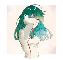  1girl aqua_eyes aqua_hair border breasts chinese_clothes colored_inner_hair d.gray-man green_hair hair_between_eyes hair_over_shoulder hand_in_own_hair highres lenalee_lee light_smile long_sleeves looking_at_viewer medium_breasts medium_hair multicolored_hair outside_border parted_lips red_stripes rulne shirt sidelocks simple_background solo striped_clothes striped_shirt vertical-striped_clothes vertical-striped_shirt white_border white_shirt 